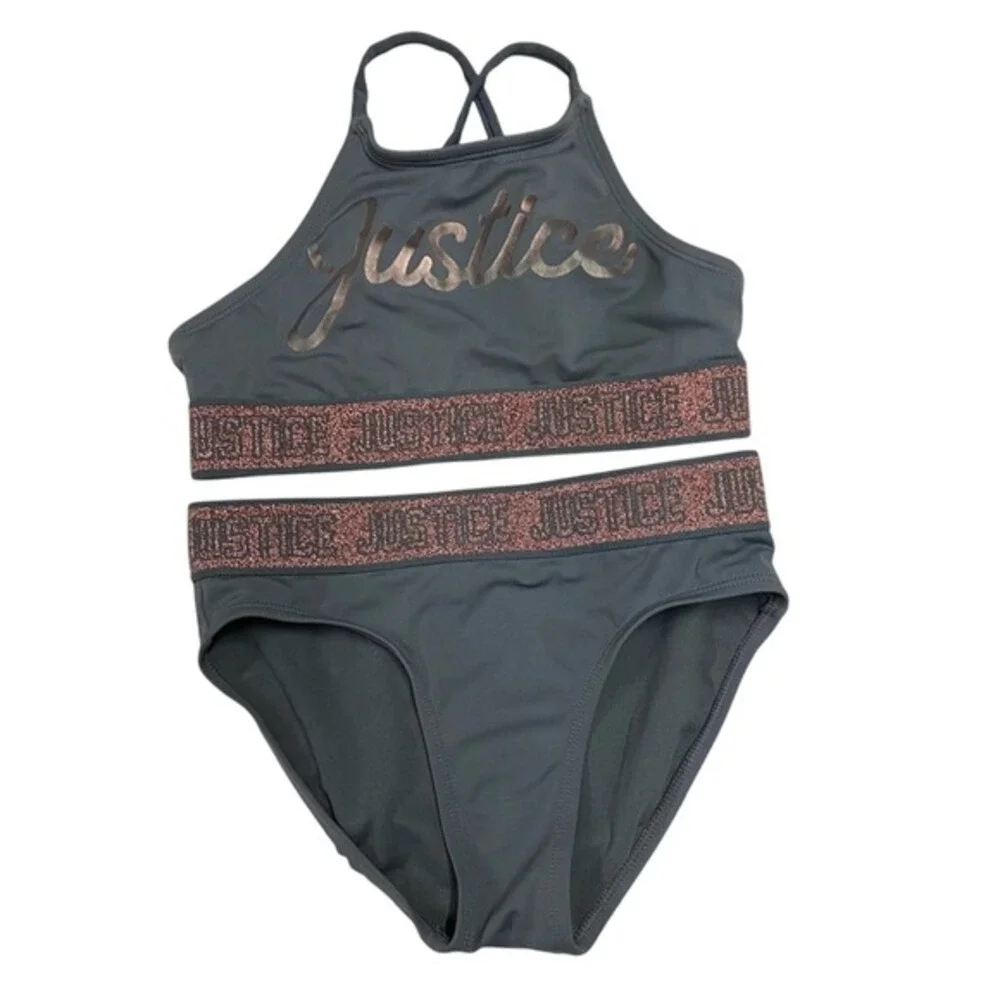 Justice Girls Size 10 Gray Rose Gold Sparkle Logo‎ Heart Bikini Swimsuit
